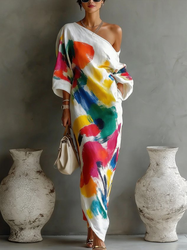 Robe Longue Imprimé Peinture Épaule Dénudée