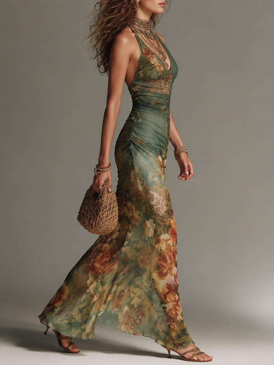 Robe Longue Fleurie Dos Nu Drapée