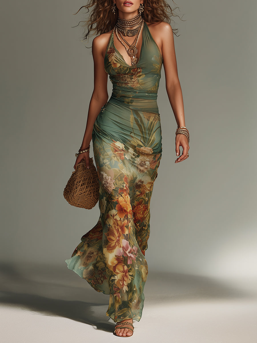 Robe Longue Fleurie Dos Nu Drapée