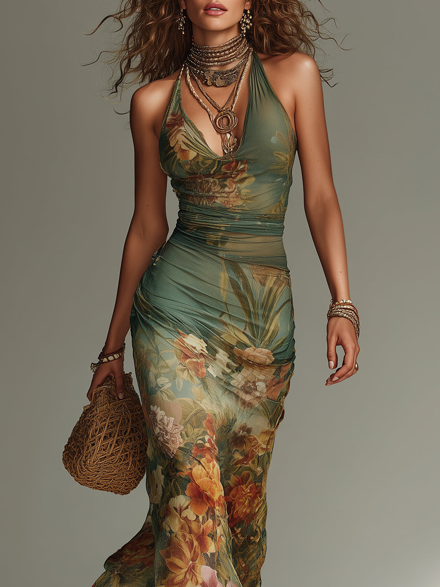 Robe Longue Fleurie Dos Nu Drapée