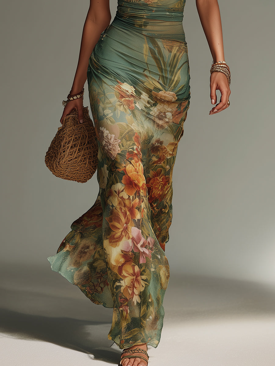 Robe Longue Fleurie Dos Nu Drapée