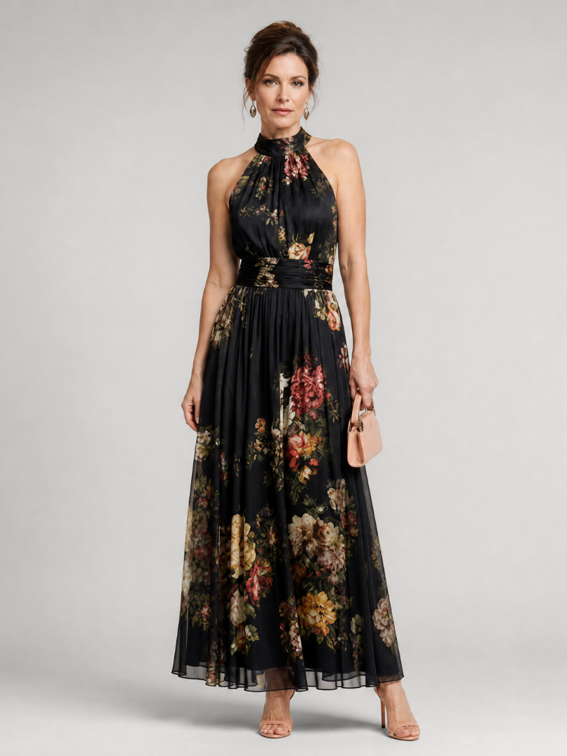 Robe Longue Fleurie Col Montant