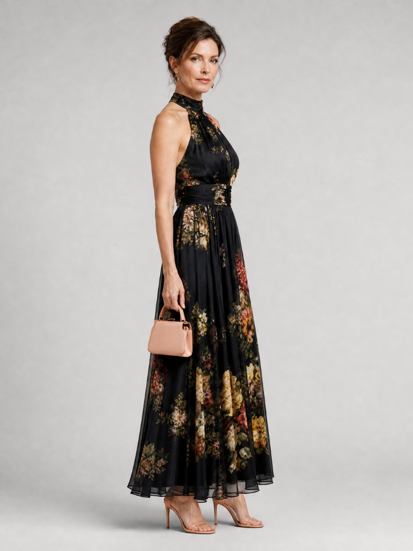Robe Longue Fleurie Col Montant