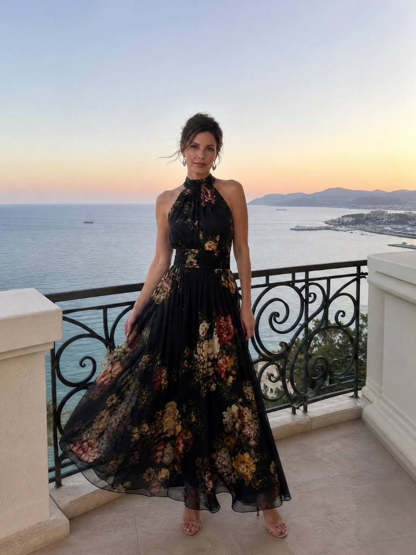 Robe Longue Fleurie Col Montant