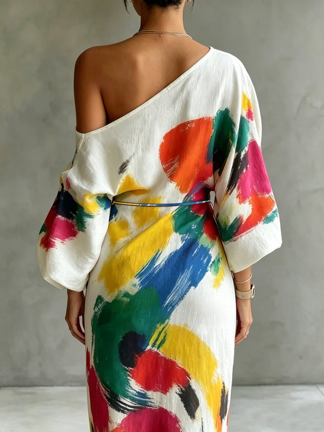 Robe Longue Imprimé Peinture Épaule Dénudée