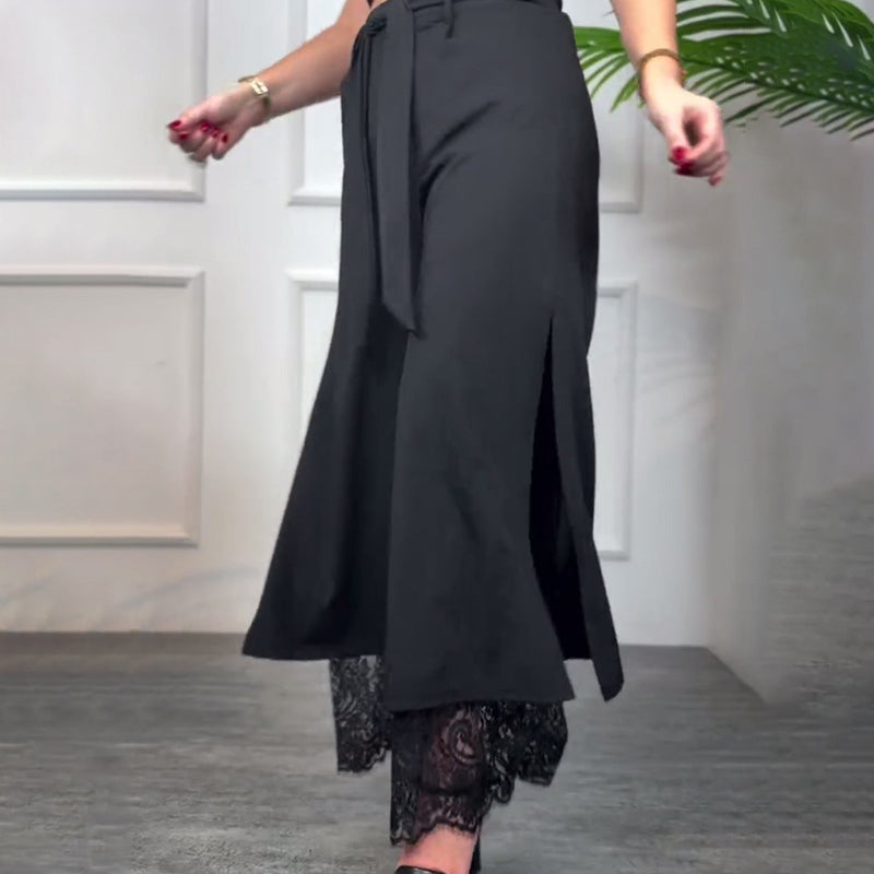 Pantalón de Pierna Ancha con Detalle de Encaje