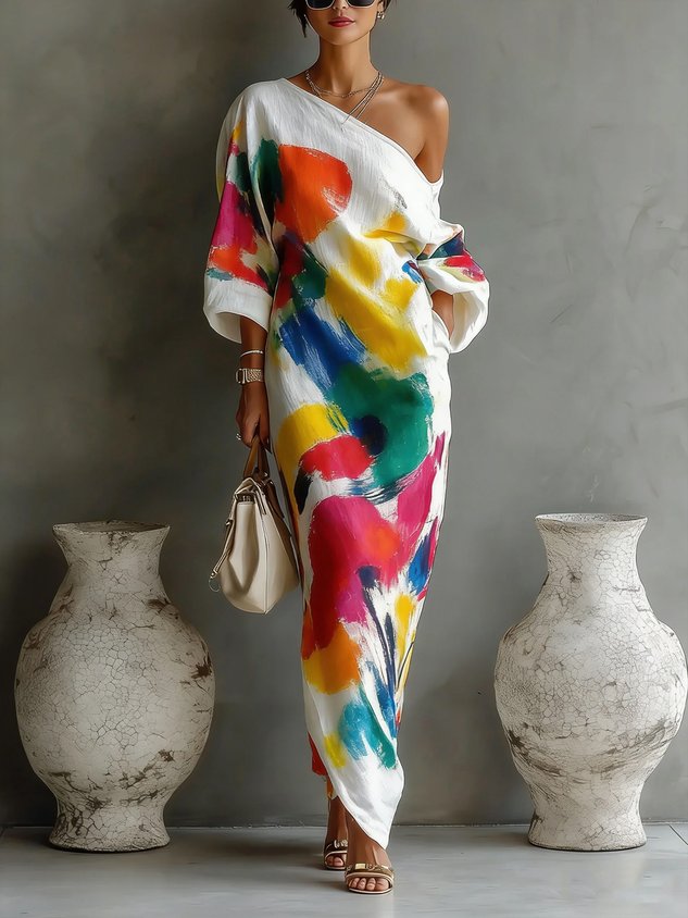 Robe Longue Imprimé Peinture Épaule Dénudée