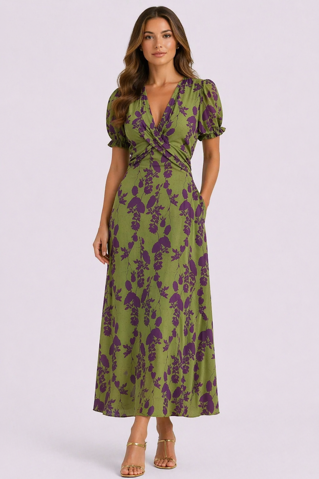 Vestido Floral Plisado Cuello V