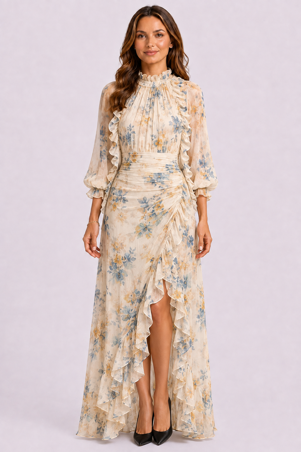 Robe Fleurie Col Montant Volants