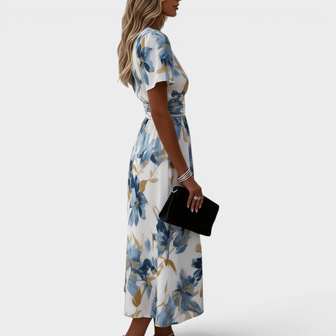 Elara | Floral Wrap Waist Midi Dress