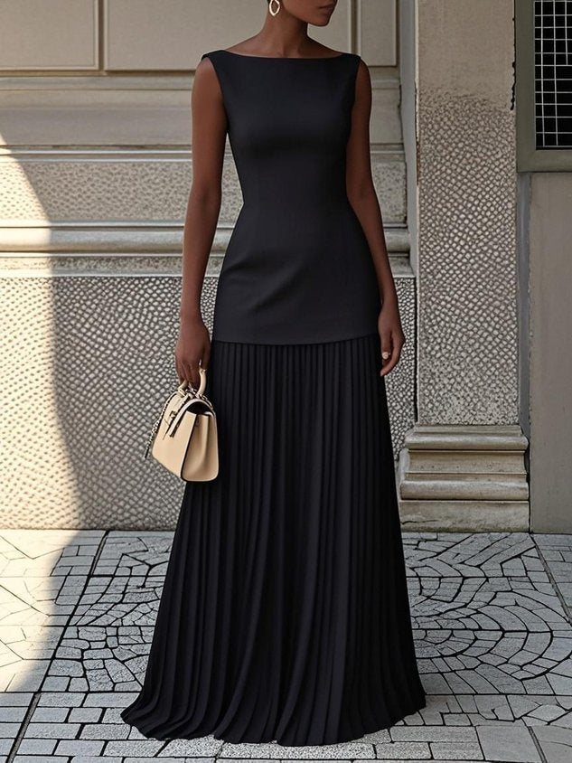 Robe Longue Jupe Plissée Col Bateau