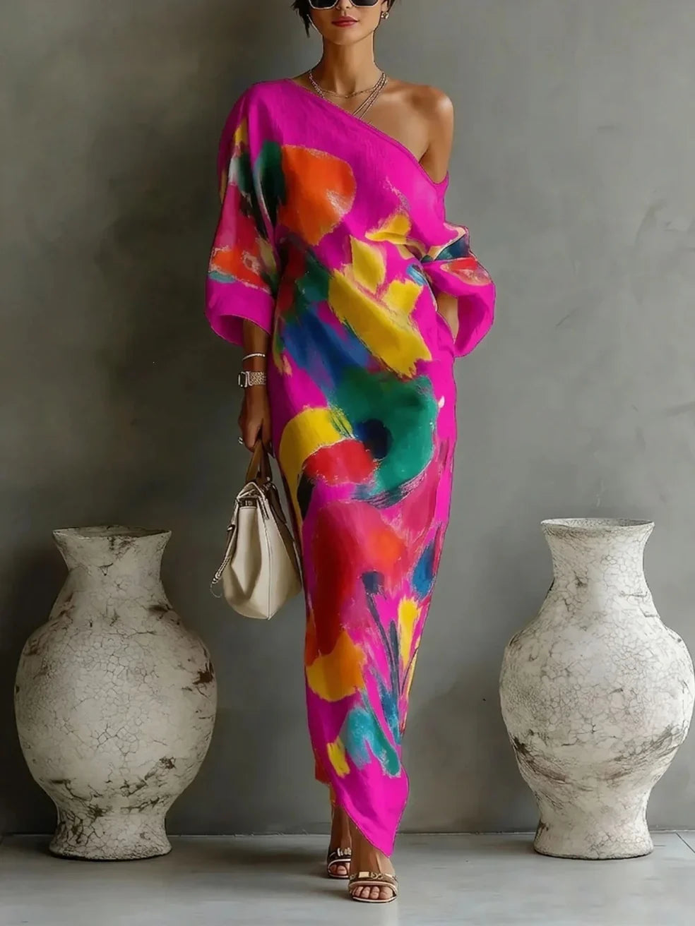 Robe Longue Imprimé Peinture Épaule Dénudée