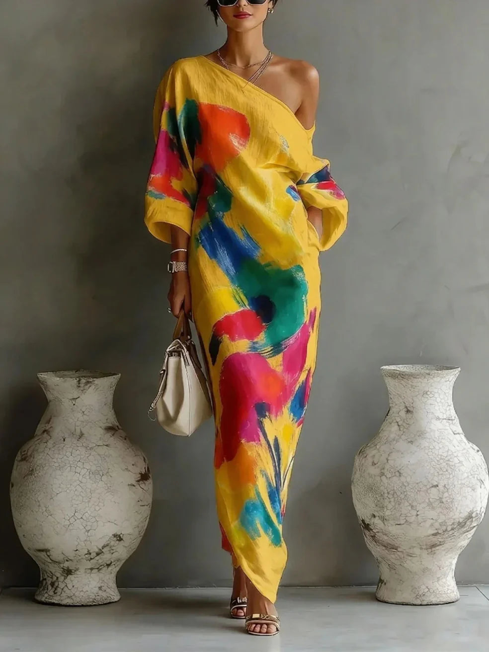 Robe Longue Imprimé Peinture Épaule Dénudée