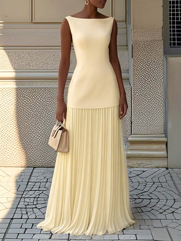 Robe Longue Jupe Plissée Col Bateau