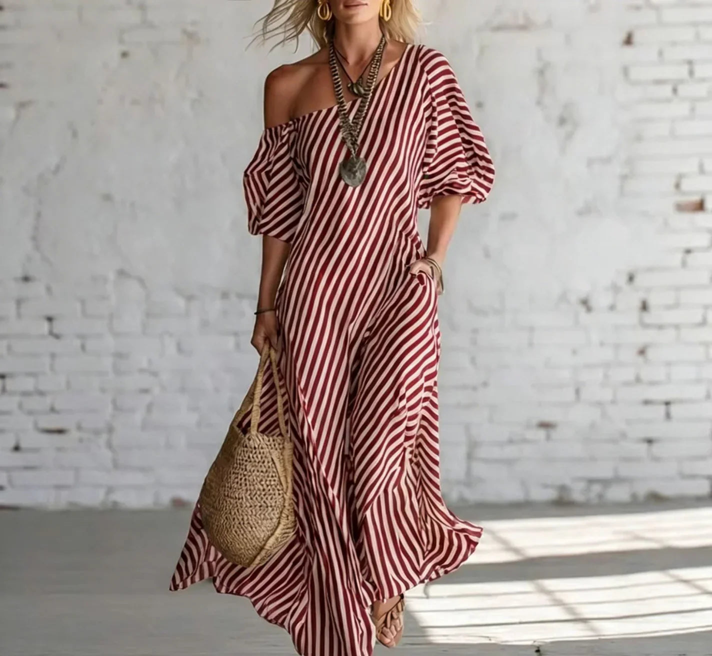 Robe Longue Rayée Épaule Dénudée