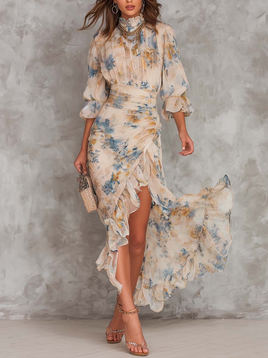 Robe Fleurie Col Montant Volants