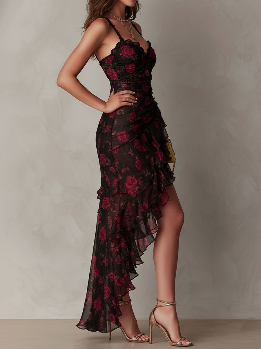 Robe Fleurie Drapée Volants