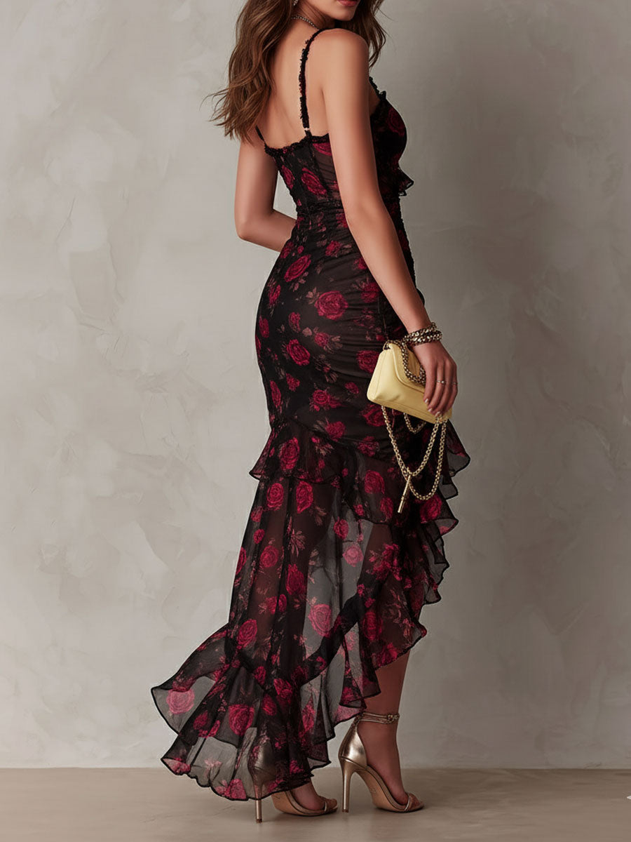 Lowe | Floral Ruched Ruffle Hem Dress