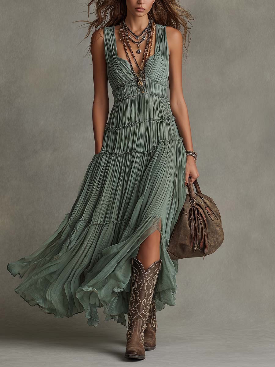 Robe Longue Plissée Volants Étagés