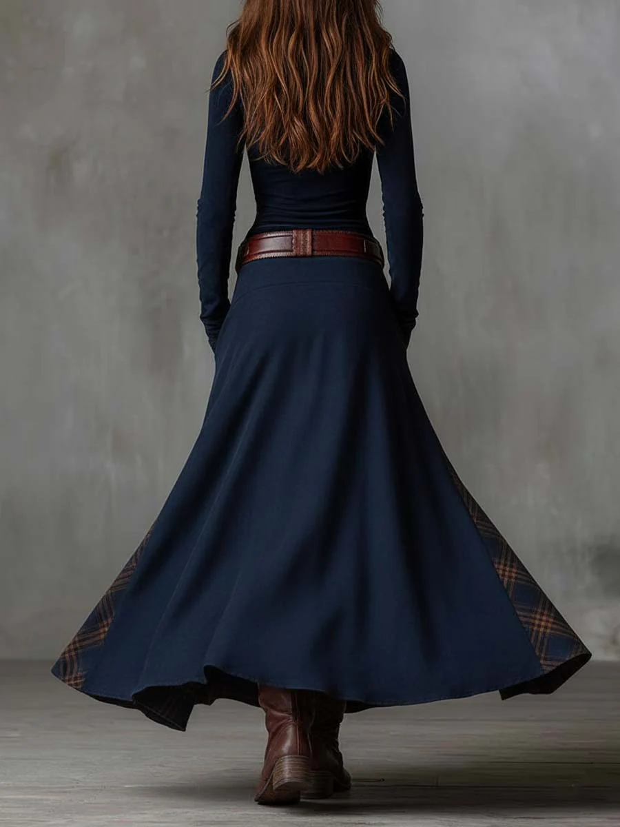 Vestido Largo a Cuadros Con Cinturón