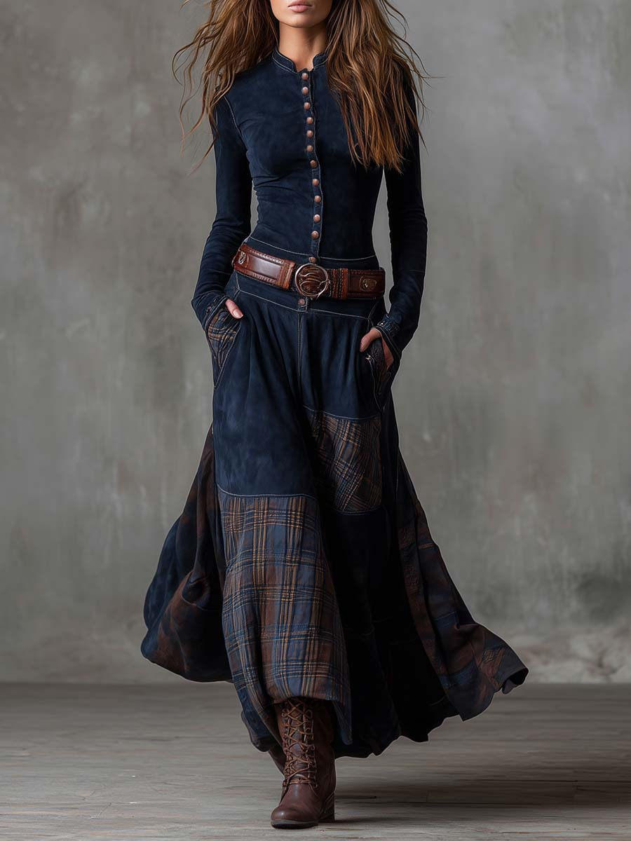 Vestido Largo a Cuadros Con Cinturón