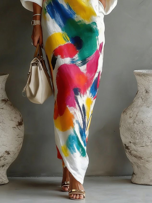 Robe Longue Imprimé Peinture Épaule Dénudée