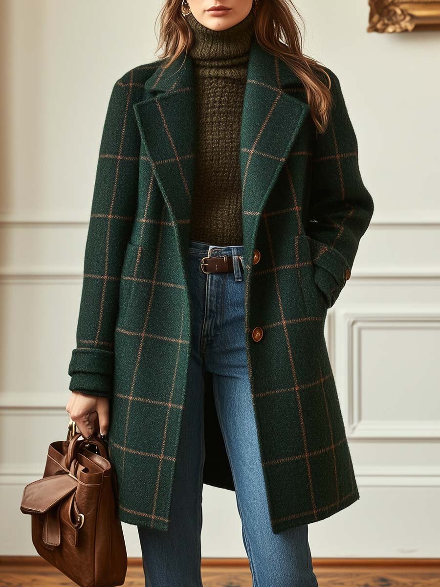 Abrigo Elegante de Lana con Estampado de Cuadros