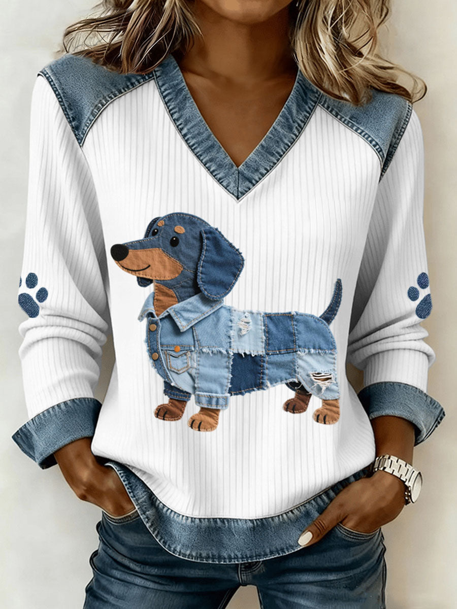 Suéter Con Detalles En Denim y Escote en V
