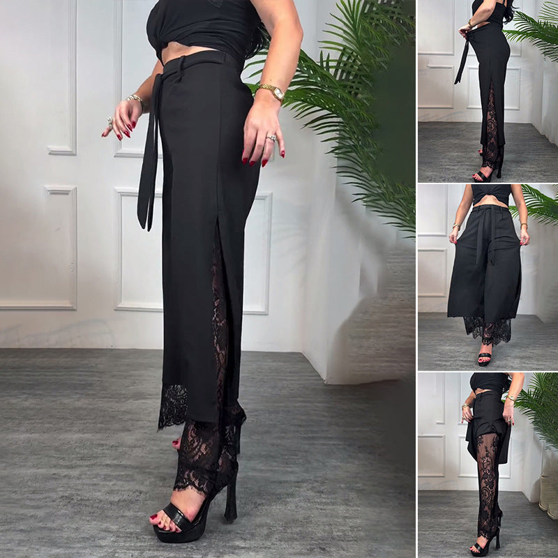 Pantalón de Pierna Ancha con Detalle de Encaje