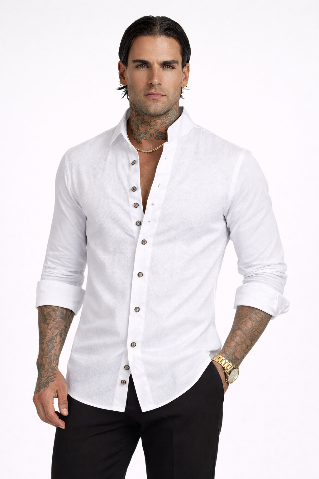 Camisa De Algodón y Lino De Manga Larga