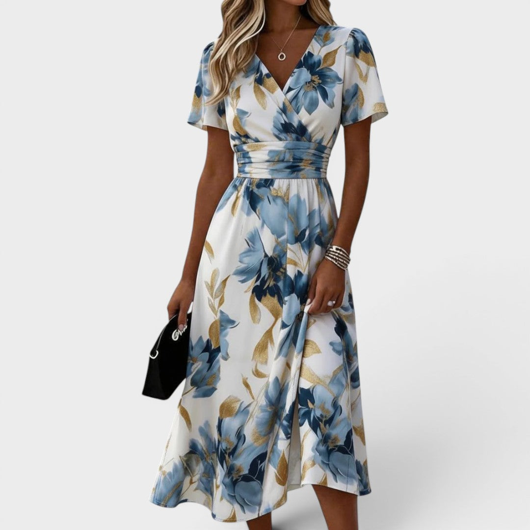 Elara | Floral Wrap Waist Midi Dress
