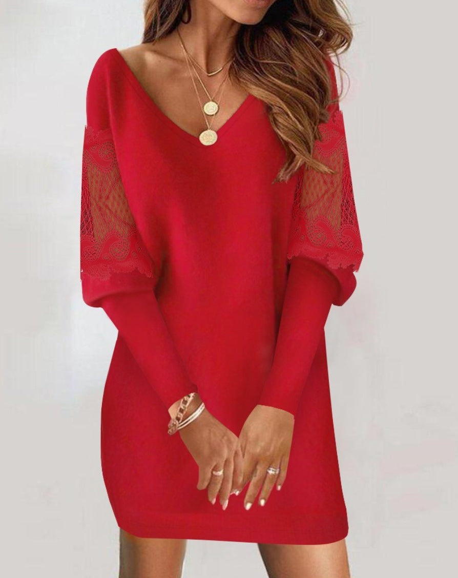 Vestido Elegante de Mujer con Encaje y Escote en V