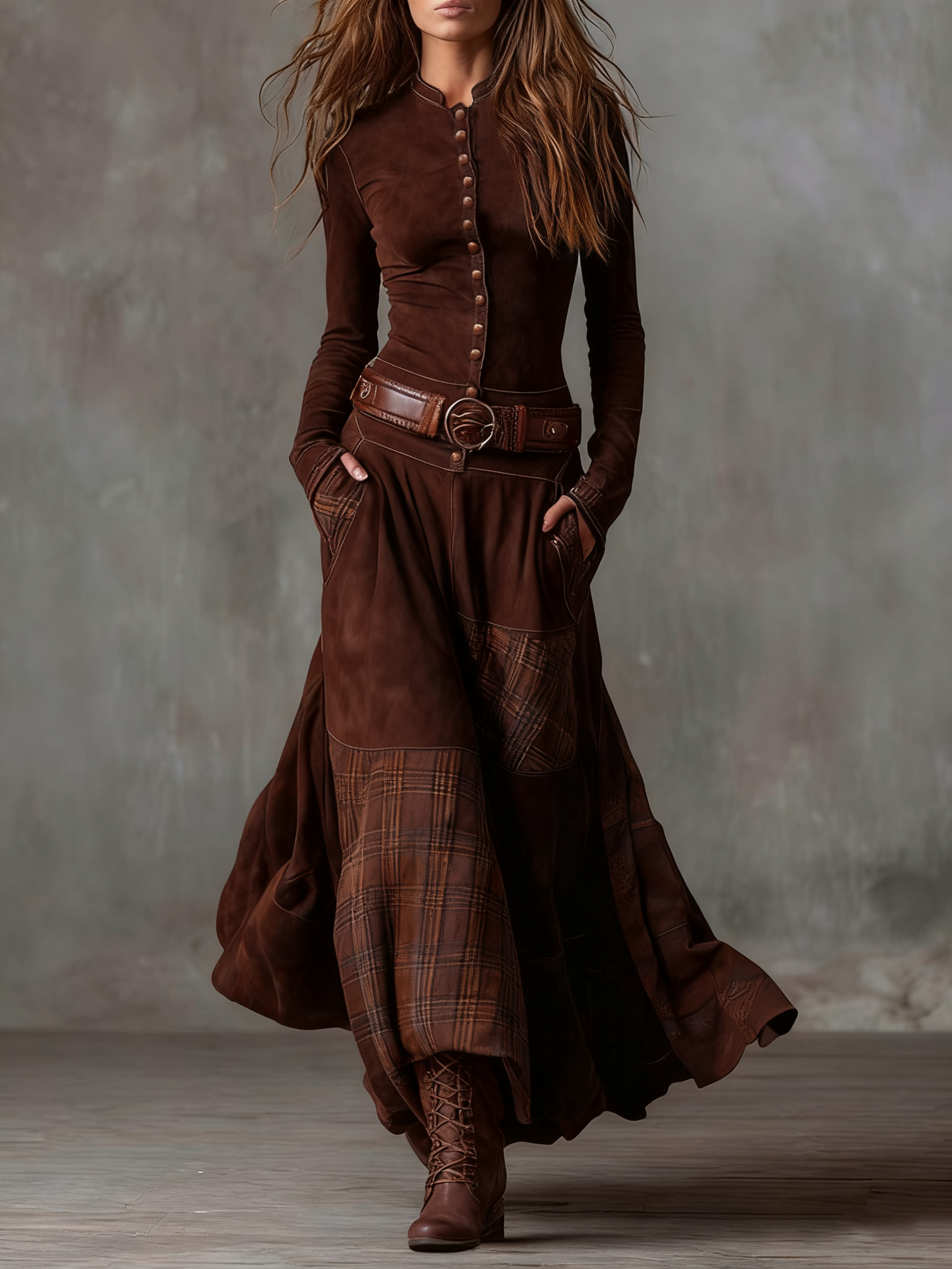 Vestido Largo a Cuadros Con Cinturón