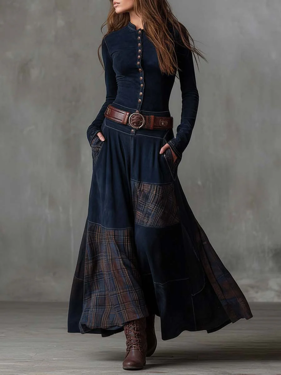 Vestido Largo a Cuadros Con Cinturón