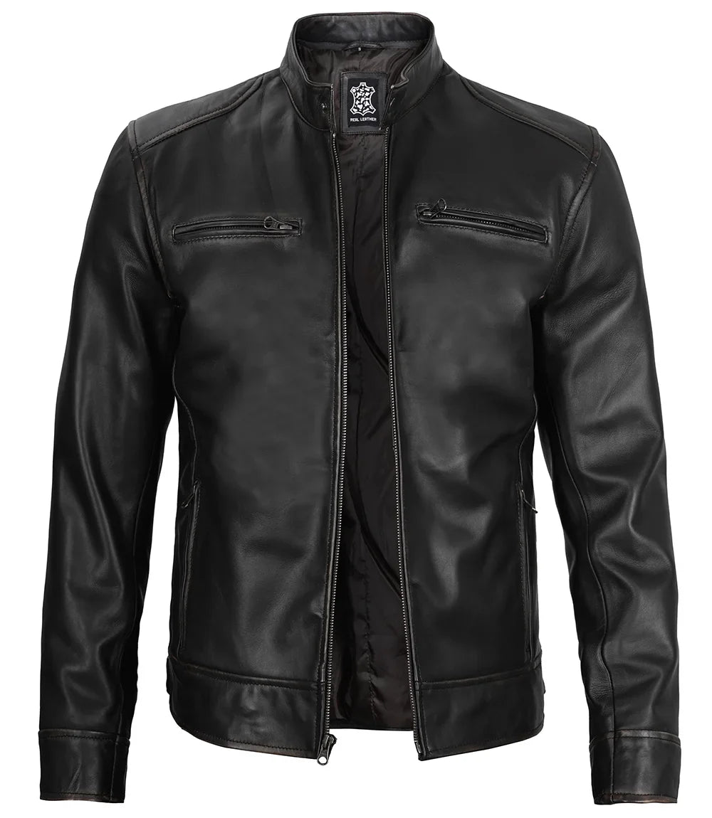 Chaqueta De Cuero Estilo Moto Para Hombre