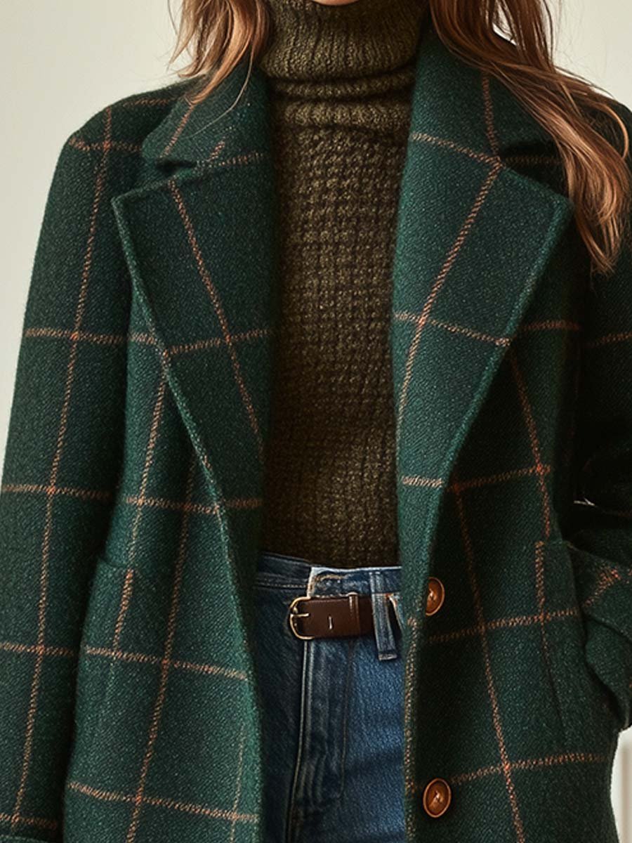 Abrigo Elegante de Lana con Estampado de Cuadros