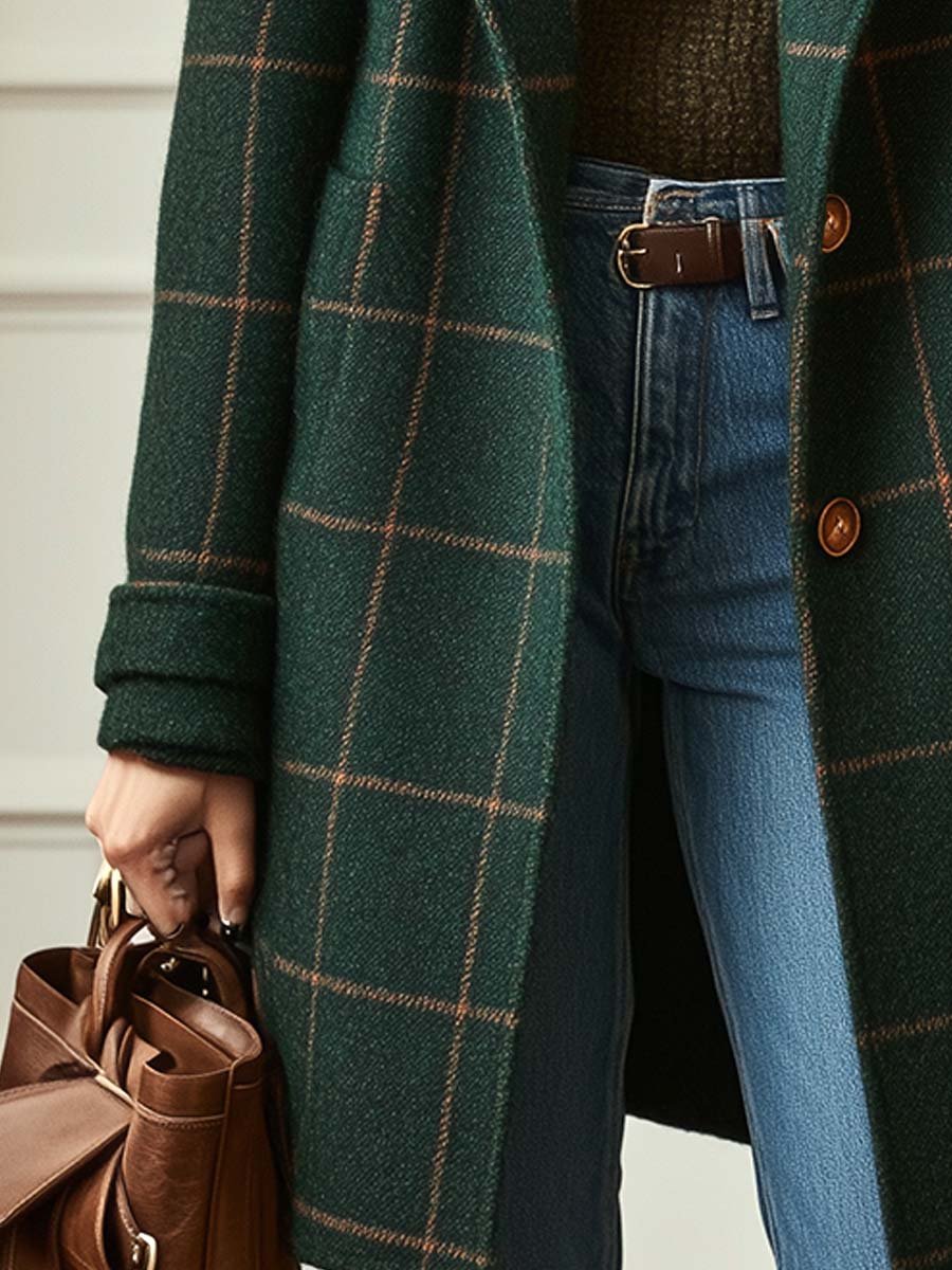 Abrigo Elegante de Lana con Estampado de Cuadros