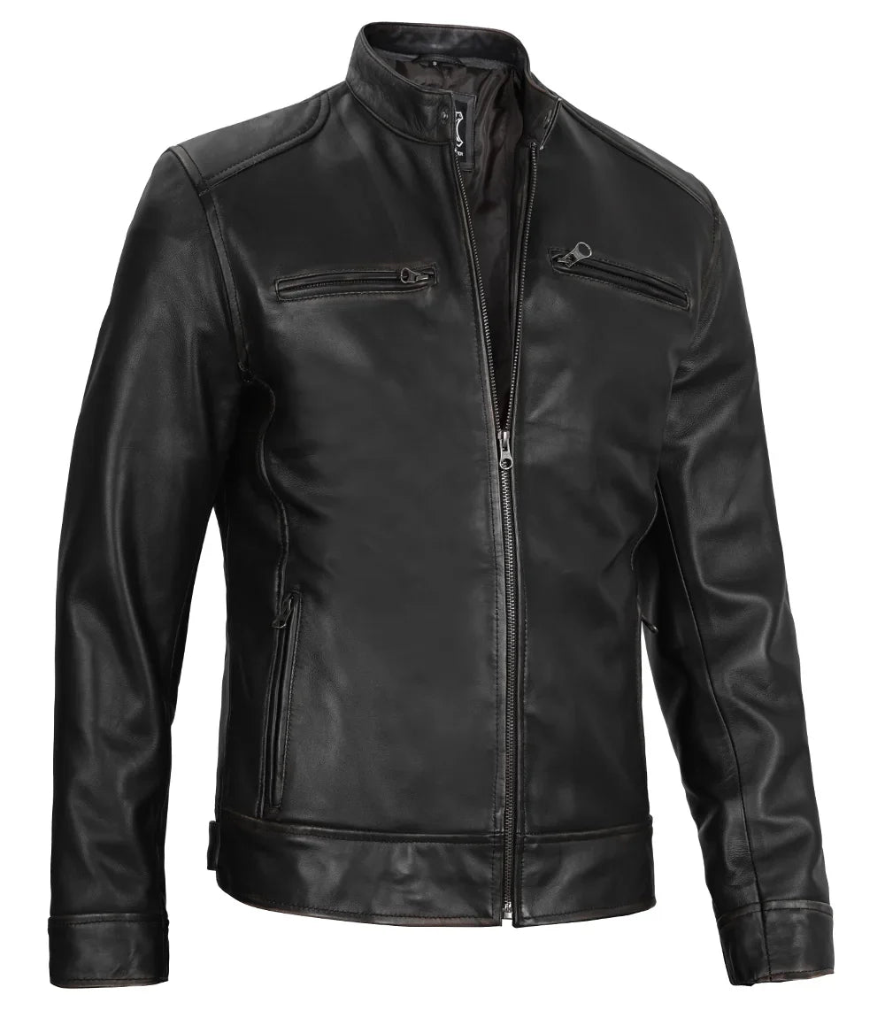 Chaqueta De Cuero Estilo Moto Para Hombre
