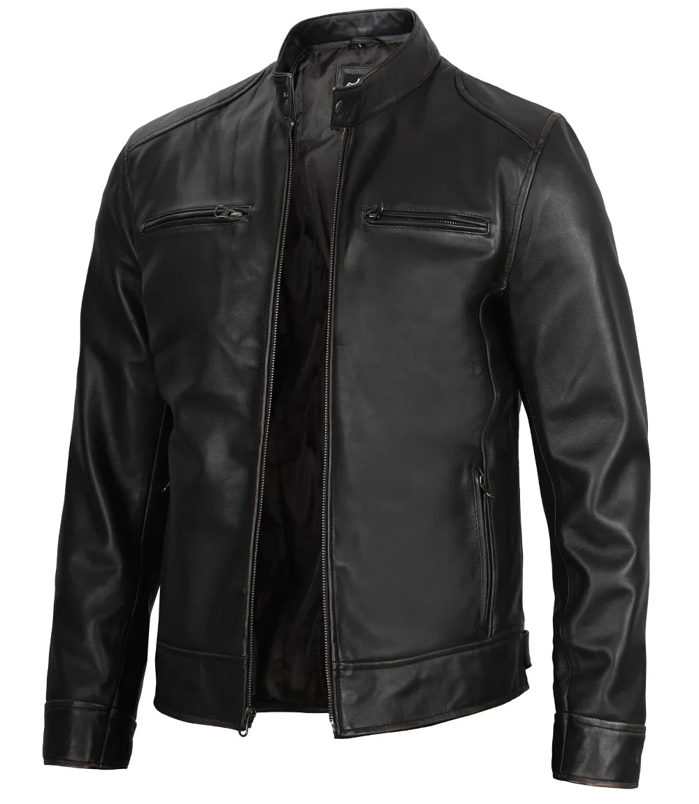 Chaqueta De Cuero Estilo Moto Para Hombre
