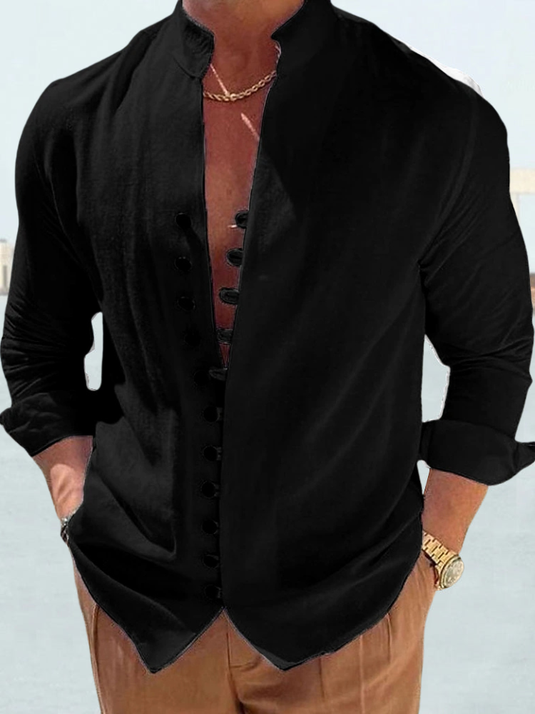 Camisa De Algodón y Lino De Manga Larga